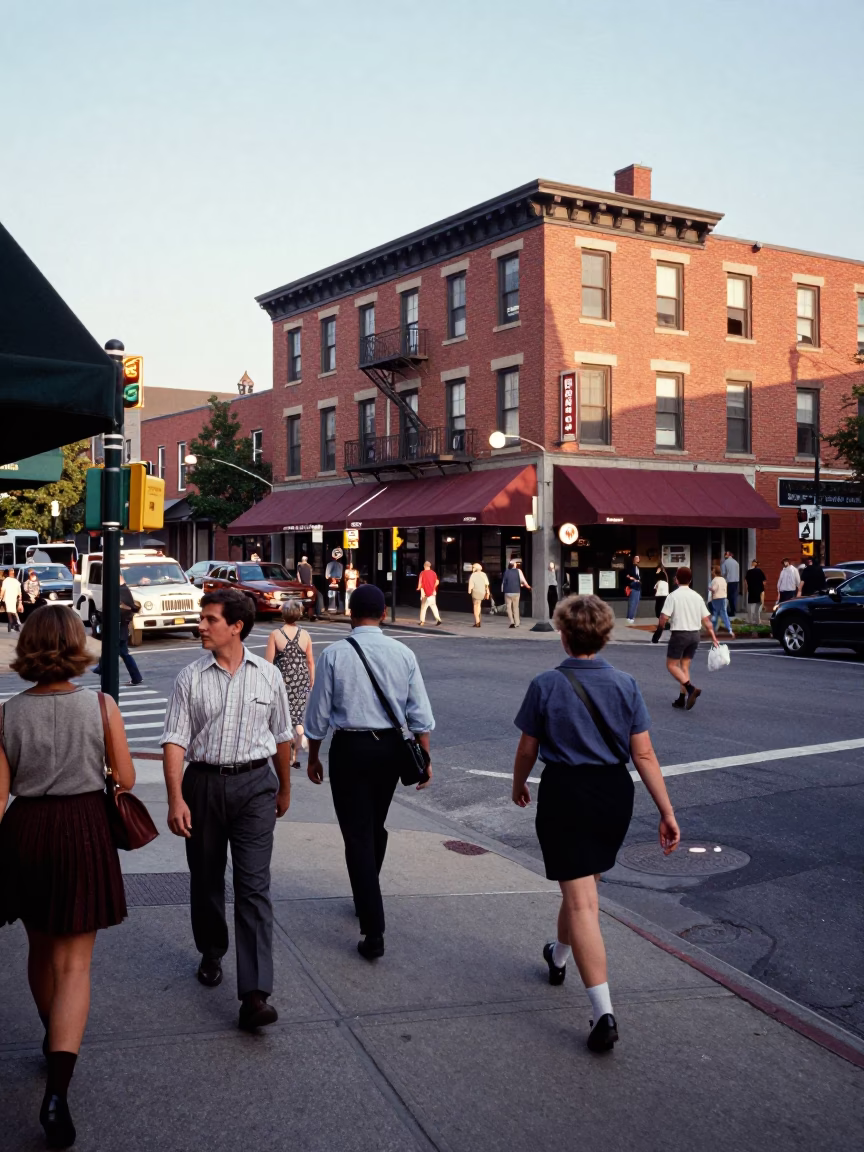 Busy Philadelphia Street Corner in Early Afternoon with Vintage 1950s Atmosphere in in Philadelphia, Pennsylvania, United States