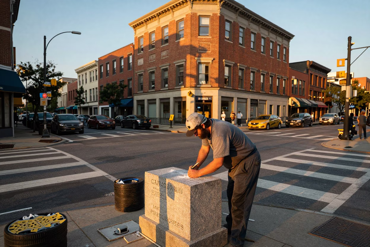 Busy Philadelphia Street Corner in Honeyed Evening Light with Stone Mason Carving Letters in in Philadelphia, Pennsylvania, United States