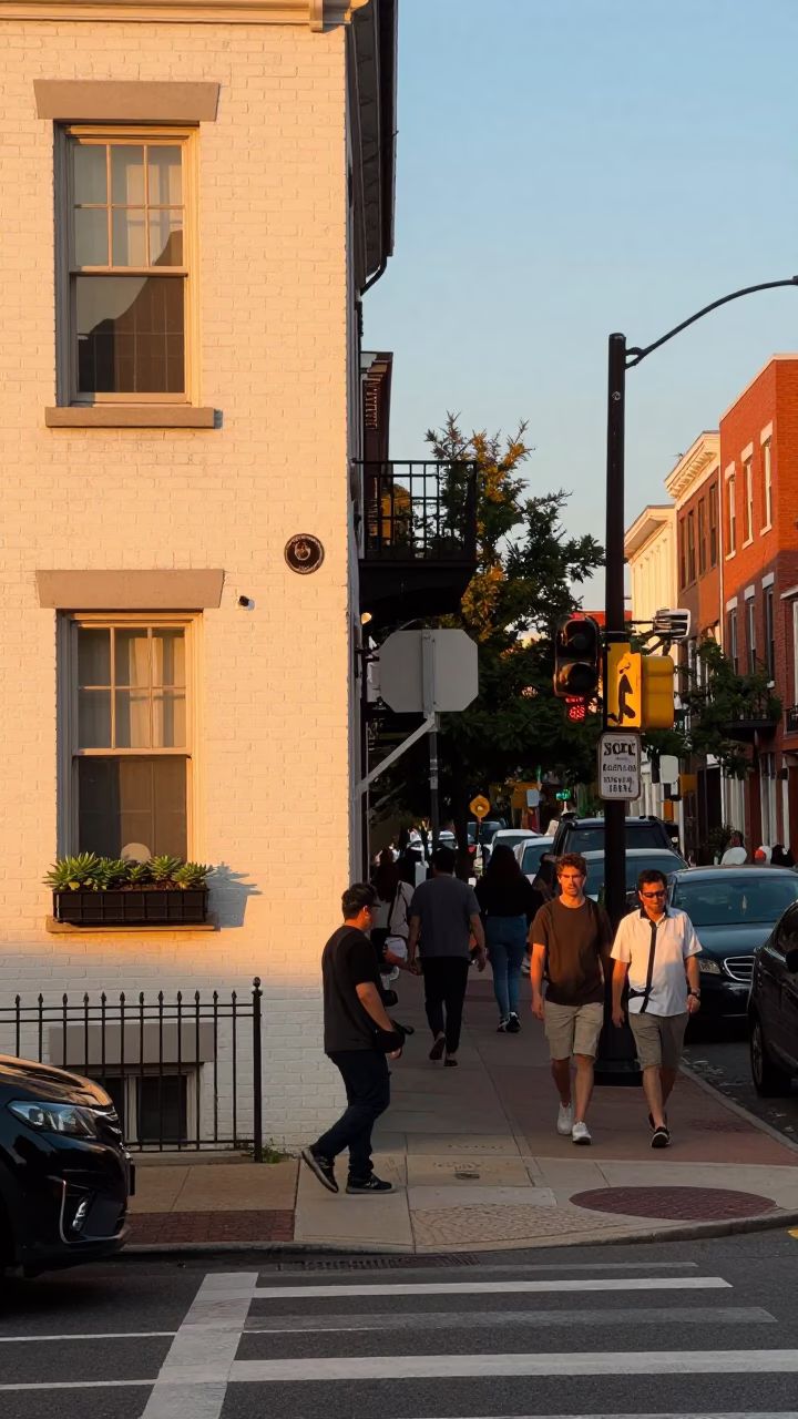 Busy Philadelphia street corner in honeyed evening light with vintage 1970s details in in Philadelphia, Pennsylvania, United States