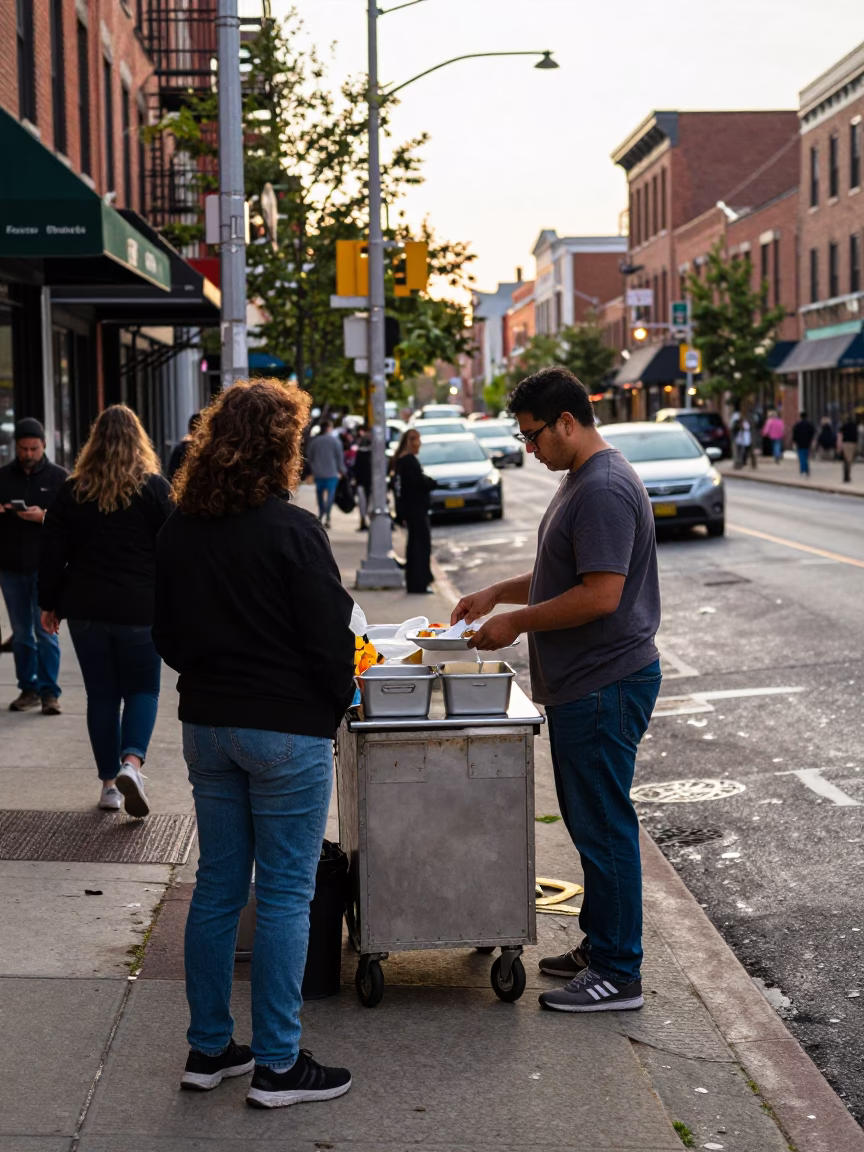 Busy Philadelphia Street Corner Late Morning with Food Vendor and City Life in in Philadelphia, Pennsylvania, United States