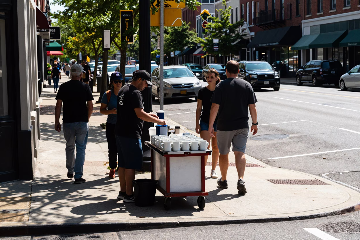 Busy Philadelphia Street Corner Under Flat Noon Glare with Ceramic Mugs and Japanese Maple in in Philadelphia, Pennsylvania, United States