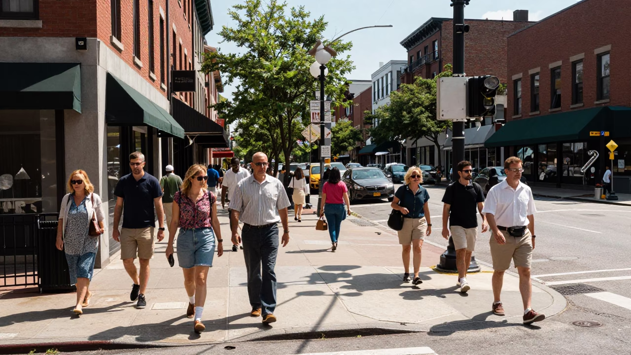Busy Philadelphia Street Corner Under Noon Sun with Pedestrians and City Architecture in in Philadelphia, Pennsylvania, United States
