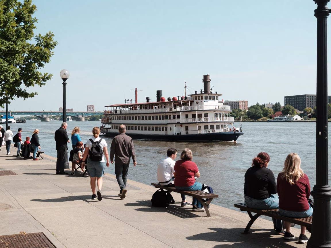 Busy Philadelphia Street Corner with Paddlewheel Steamboat Tour and Urban Life in in Philadelphia, Pennsylvania, United States