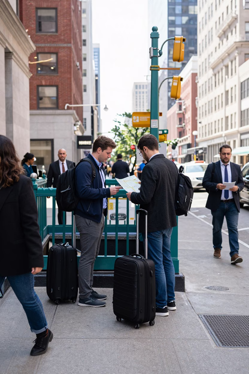 Busy Philadelphia Street Corner with Suitcases and Urban Pedestrians in Bright Midmorning Light in in Philadelphia, Pennsylvania, United States