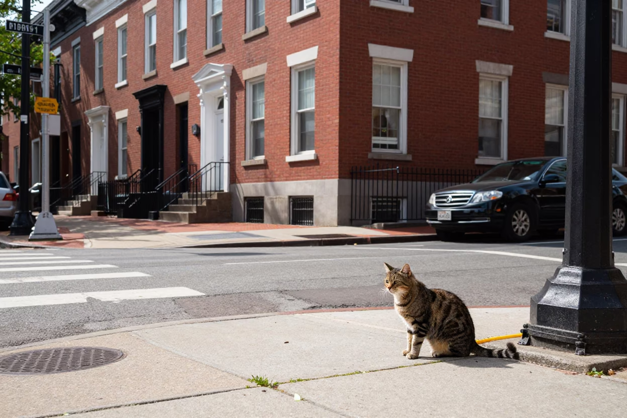 Busy Philadelphia Street Corner With Tabby Cat And German Pinscher in in Philadelphia, Pennsylvania, United States