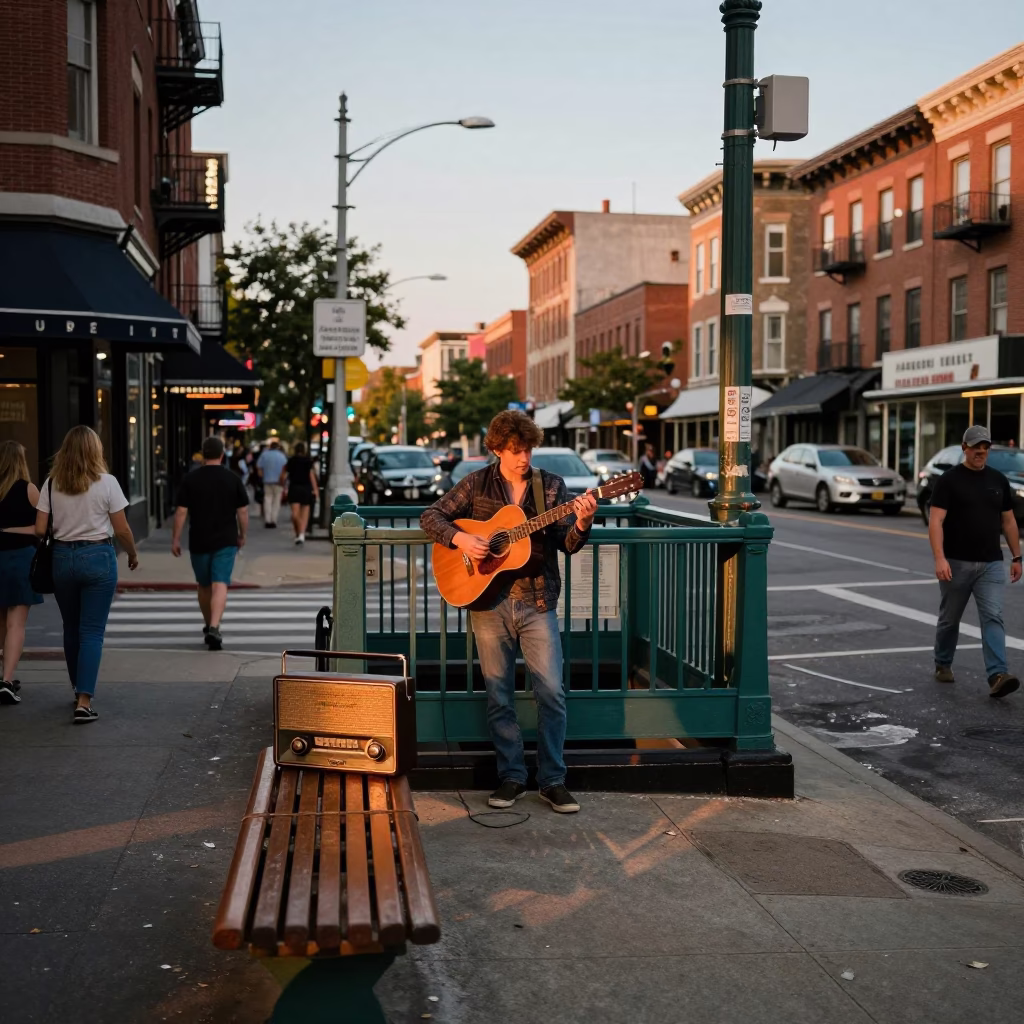 Busy Philadelphia Street Corner with Vintage Radio and Commuter Train in Honeyed Evening Light in in Philadelphia, Pennsylvania, United States