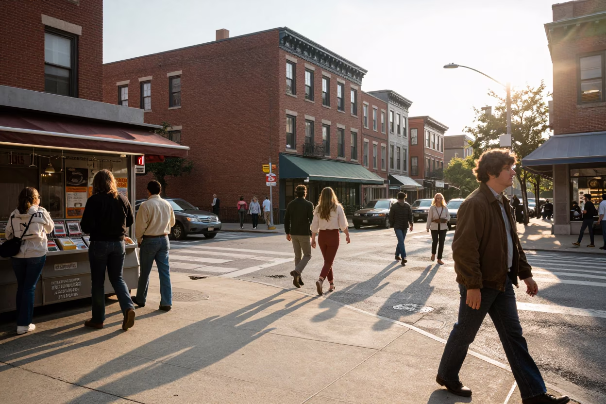 Busy Philadelphia Street Scene After Sunrise with Local Commuters and Urban Details in in Philadelphia, Pennsylvania, United States