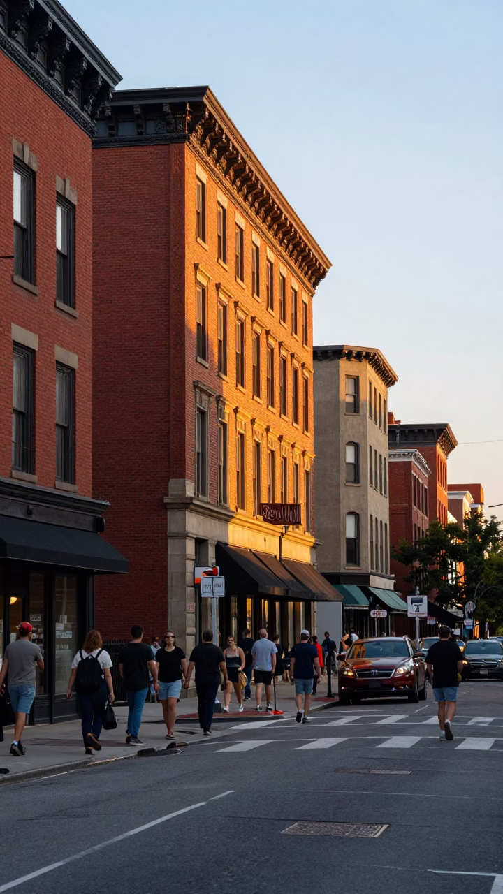 Busy Philadelphia Street Scene at Golden Hour with Classic Architecture and Pedestrians in in Philadelphia, Pennsylvania, United States