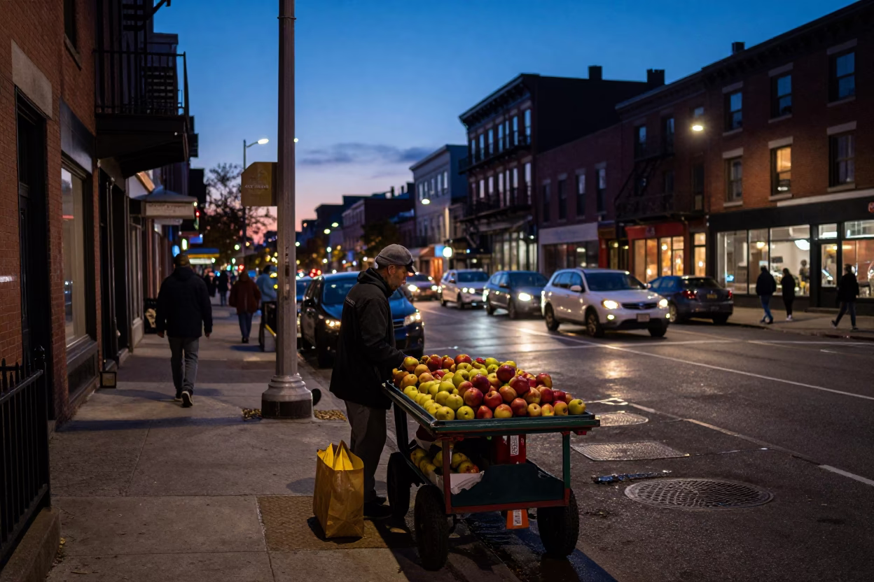 Busy Philadelphia Street Scene at Nautical Dawn with Apples and Urban Details in in Philadelphia, Pennsylvania, United States