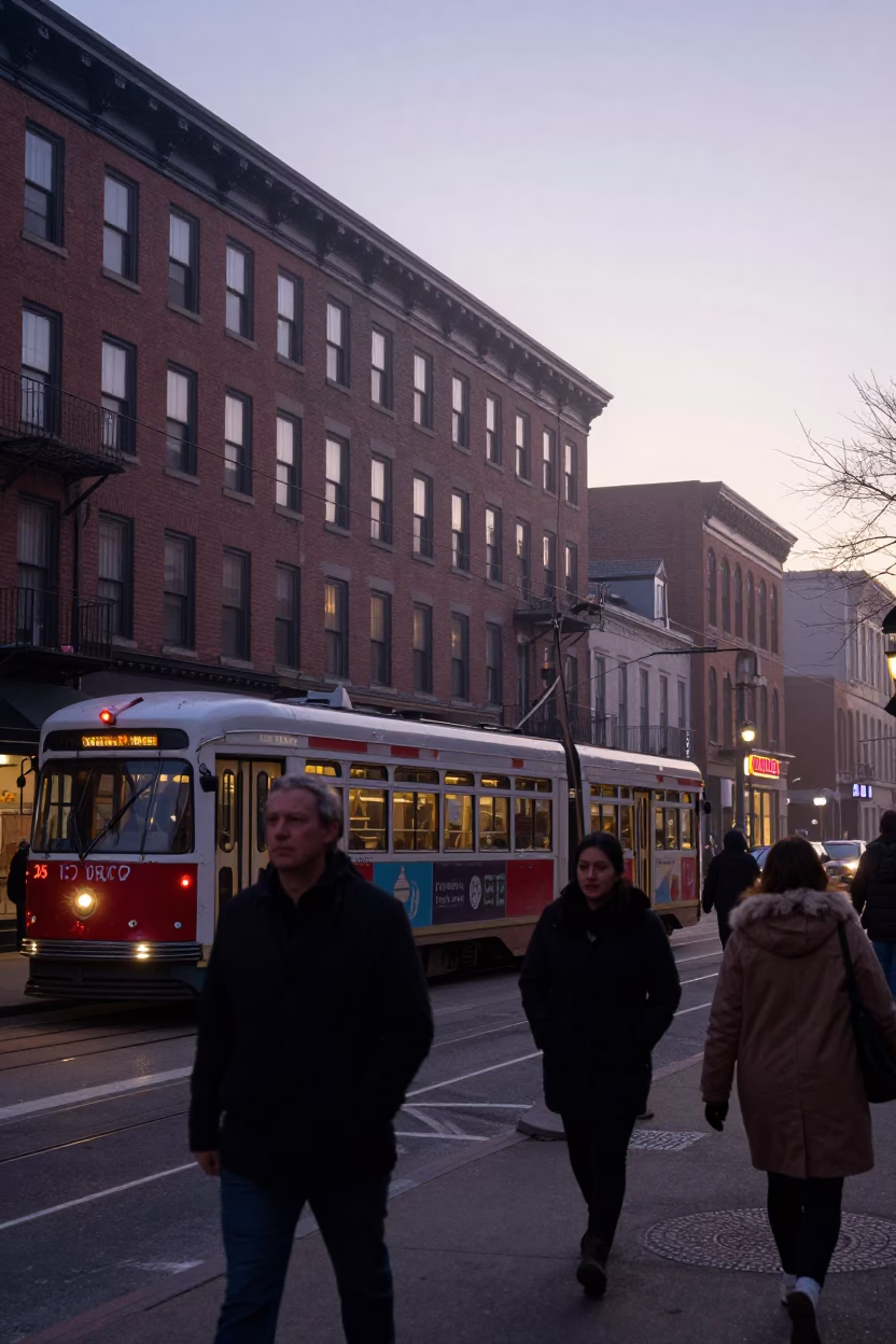 Busy Philadelphia Street Scene at Nautical Dawn with Tram and Urban Details in in Philadelphia, Pennsylvania, United States