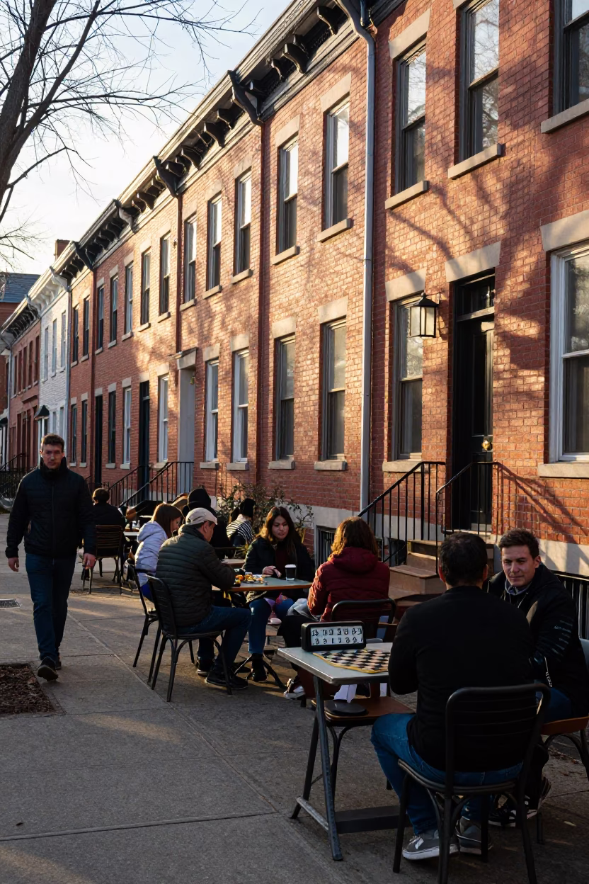 Busy Philadelphia Street Scene at Sunrise with Chess Clock and Rattan Chair in in Philadelphia, Pennsylvania, United States