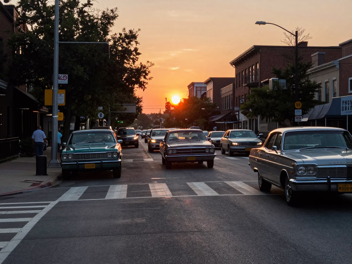 Busy Philadelphia Street Scene at Sunset with Vintage Cars and City Architecture in in Philadelphia, Pennsylvania, United States