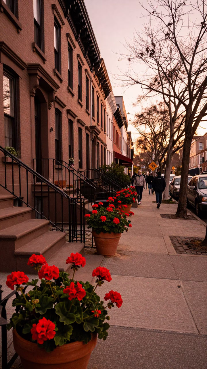 Busy Philadelphia Street Scene Before Dusk with Geraniums and Brick Architecture in in Philadelphia, Pennsylvania, United States