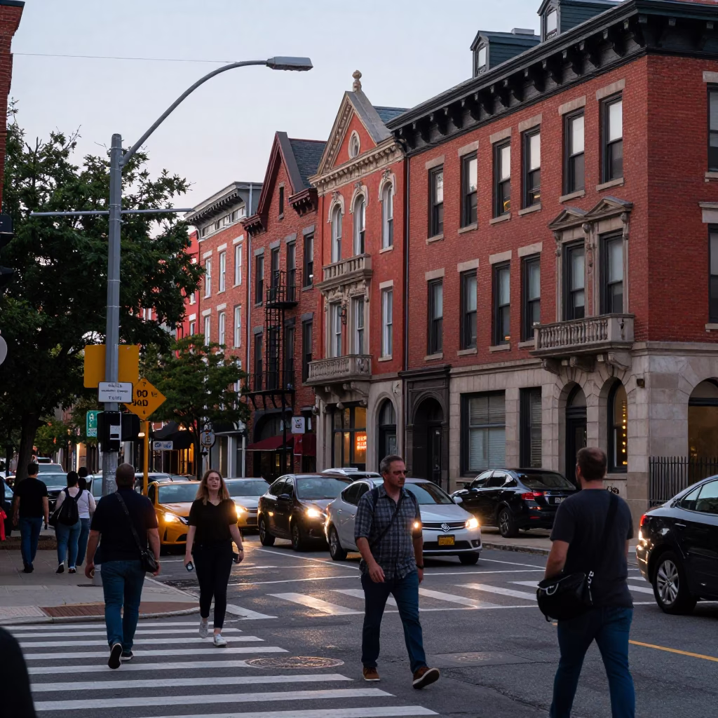 Busy Philadelphia Street Scene Early Evening with Pedestrians and Historic Architecture in in Philadelphia, Pennsylvania, United States