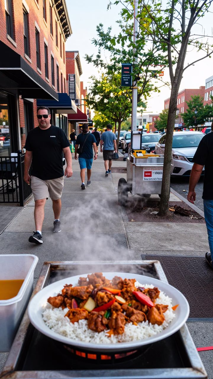 Busy Philadelphia Street Scene Late Morning with Food Vendors and Urban Activity in in Philadelphia, Pennsylvania, United States