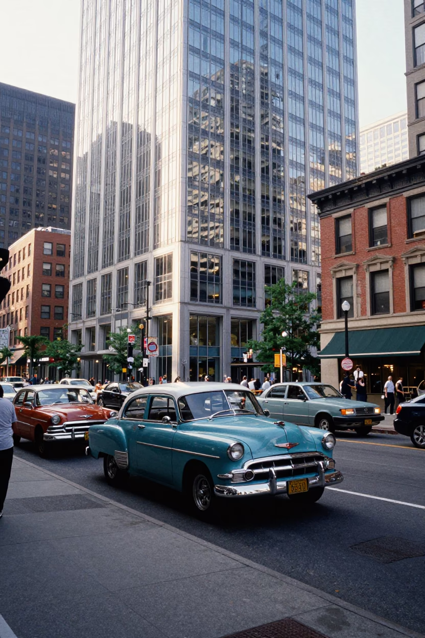 Busy Philadelphia Street Scene Late Morning with Vintage Cars and Urban Architecture in in Philadelphia, Pennsylvania, United States