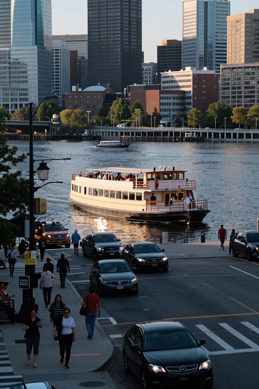 Busy Philadelphia Street Scene Late Morning with Water Taxi and Urban Life in in Philadelphia, Pennsylvania, United States