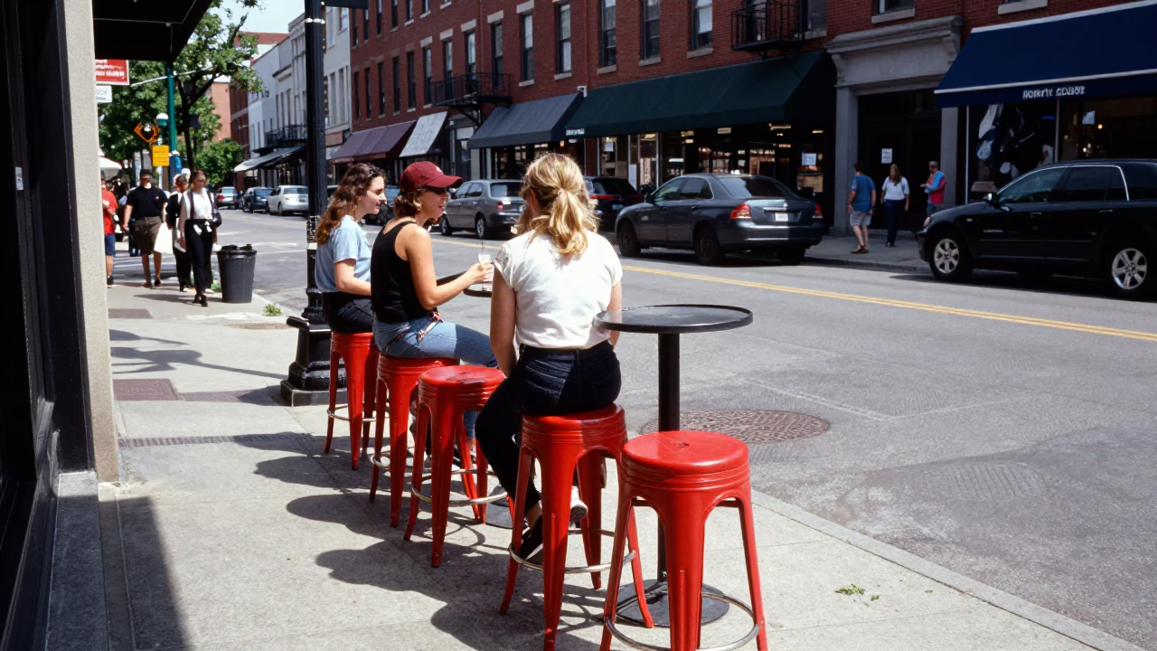 Busy Philadelphia Street Scene with Bar Stools and Local Activity in Bright Midmorning Light in in Philadelphia, Pennsylvania, United States
