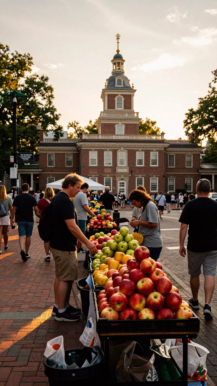 Busy Philadelphia Street Scene with Farmers Market Fruit Display in Honeyed Evening Light in in Philadelphia, Pennsylvania, United States