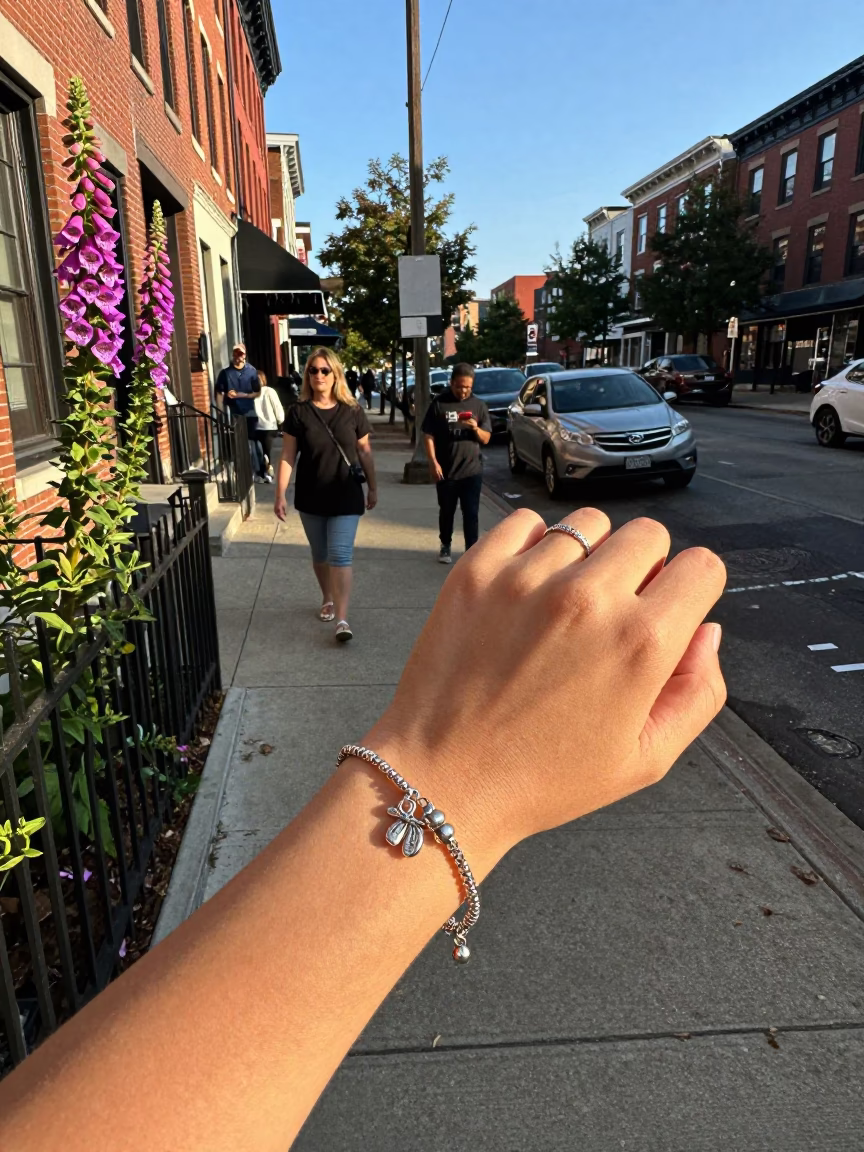 Busy Philadelphia Street Scene with Foxglove and Charm Bracelet in Late Afternoon Light in in Philadelphia, Pennsylvania, United States