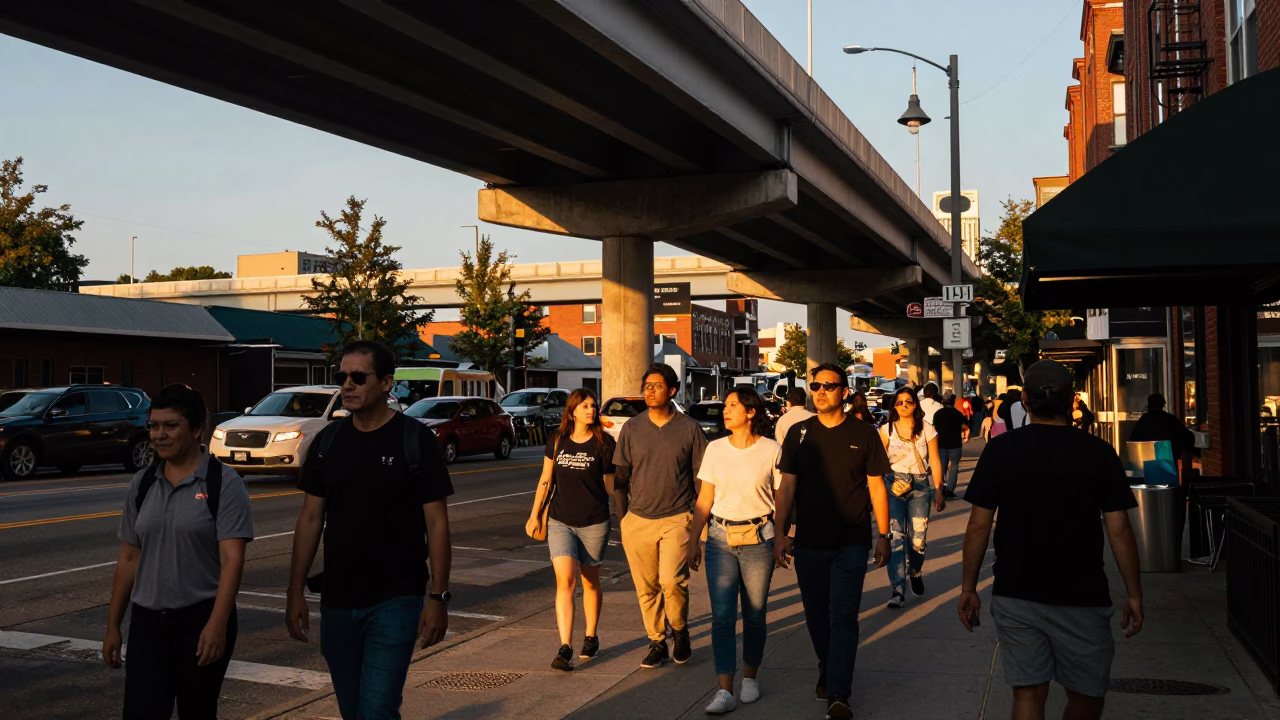Busy Philadelphia Street Scene with Highway Flyover in Honeyed Evening Light in in Philadelphia, Pennsylvania, United States