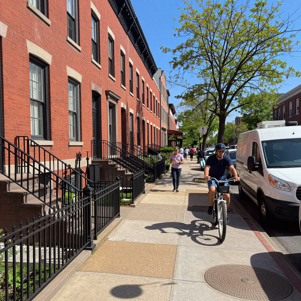 Busy Philadelphia Street Scene with Red Brick Row Homes and Morning Light in in Philadelphia, Pennsylvania, United States