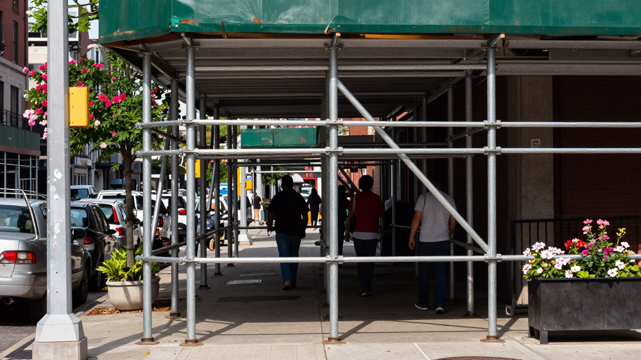 Busy Philadelphia Street Scene with Scaffold Joints and Flowering Plant at Midday in in Philadelphia, Pennsylvania, United States
