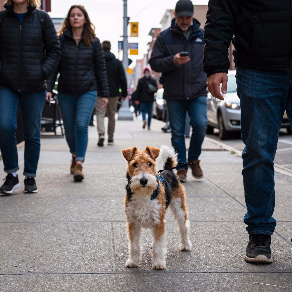Busy Philadelphia Street Scene with Wire Fox Terrier and Urban Elements in in Philadelphia, Pennsylvania, United States