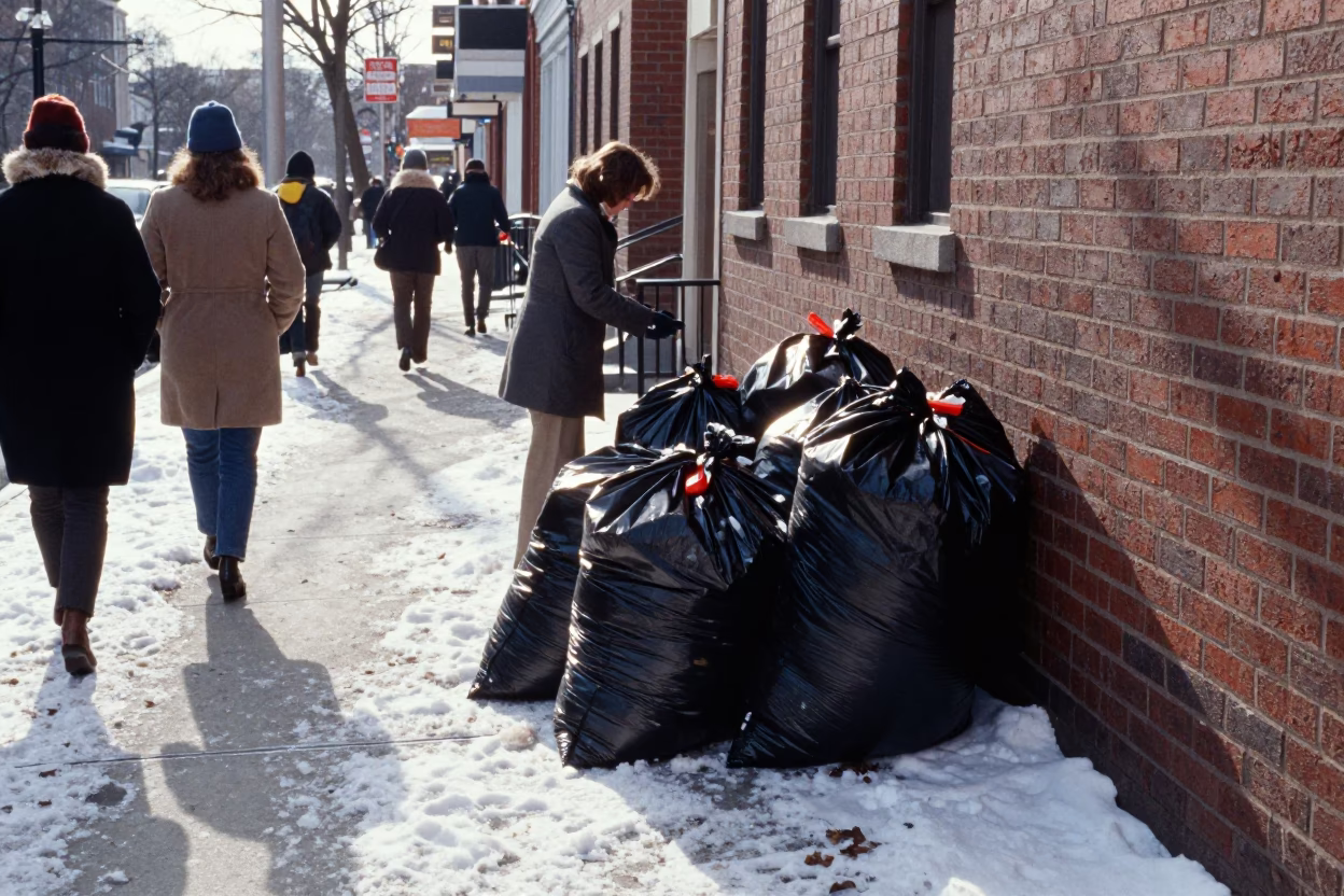 Busy Philadelphia Winter Street Scene with Trash Bags and Metal Shutters in in Philadelphia, Pennsylvania, United States
