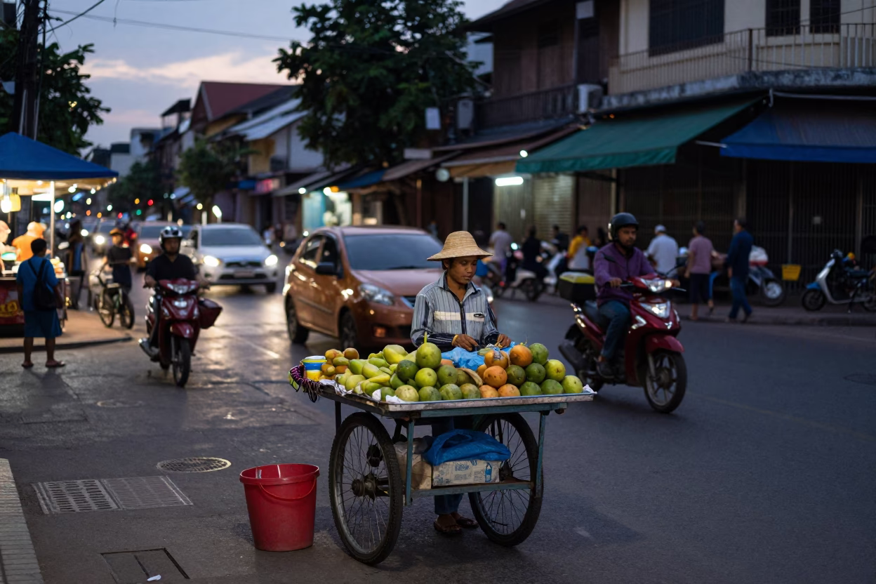 Busy Phnom Penh street corner at twilight with vendor and hand broom in in Phnom Penh, Cambodia