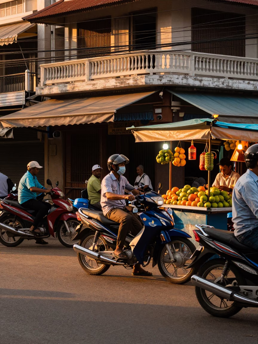 Busy Phnom Penh Street Corner Evening Light with Motorcycle Taxi and Market Vendors in in Phnom Penh, Cambodia