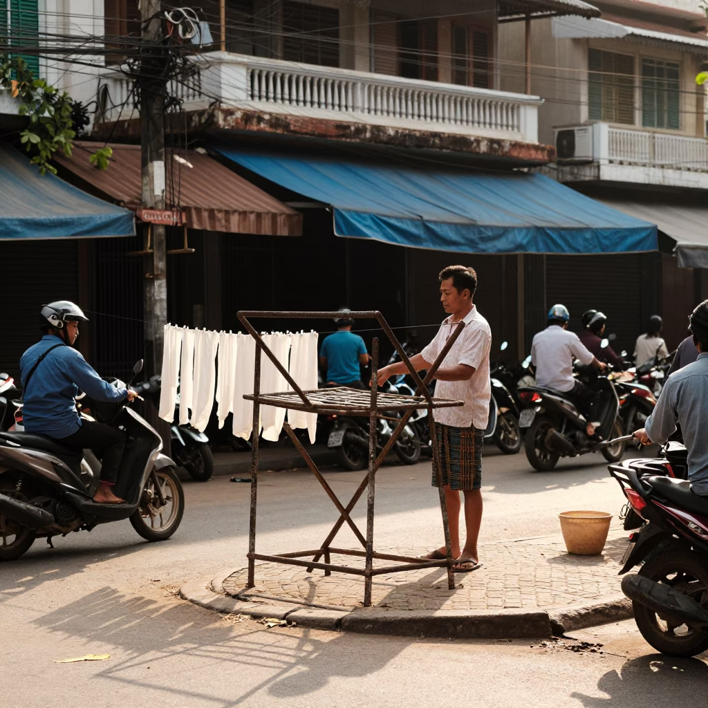 Busy Phnom Penh Street Corner in Early Afternoon with Drying Rack and Utensil Crocks in in Phnom Penh, Cambodia