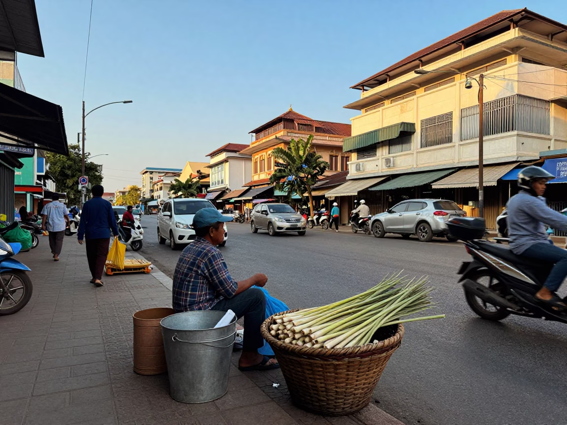 Busy Phnom Penh Street Corner Late Afternoon with Vendor and Local Life in in Phnom Penh, Cambodia