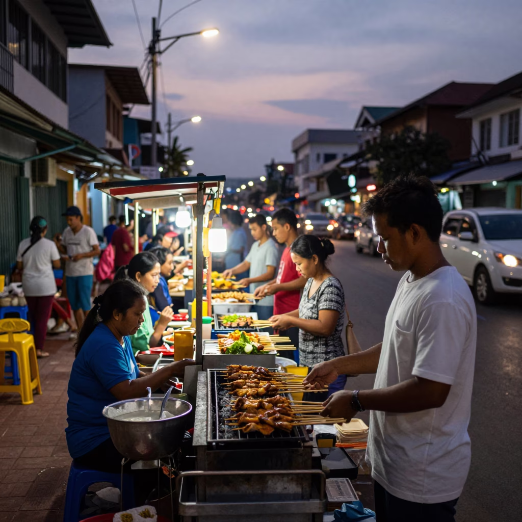 Busy Phnom Penh street food stall at dusk with vendors and customers in in Phnom Penh, Cambodia