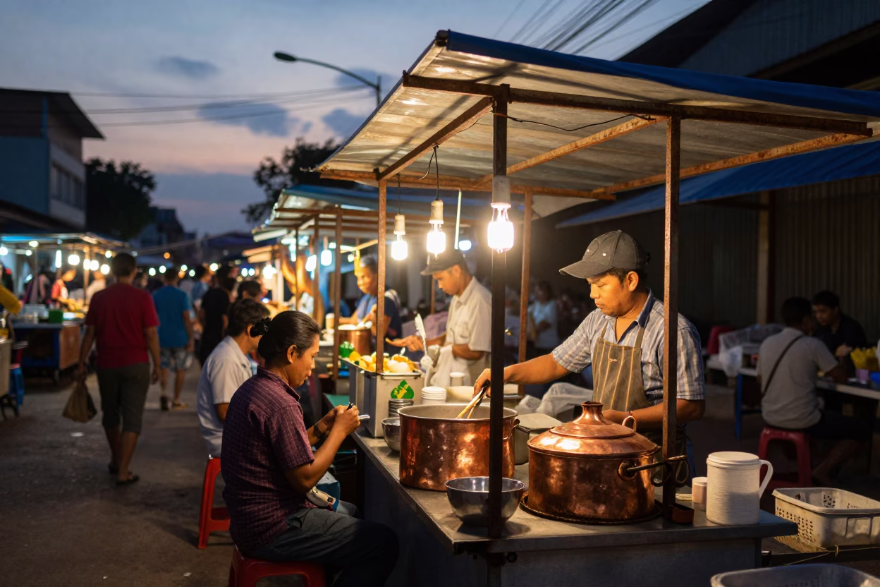 Busy Phnom Penh Street Food Stall at Twilight with Copper Woks and Hanging Lanterns in in Phnom Penh, Cambodia