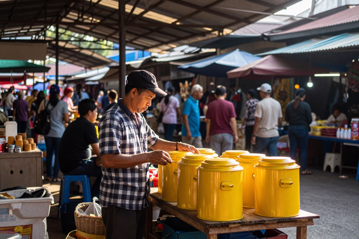 Busy Phnom Penh Street Market Late Morning with Local Vendors and Traditional Tiffin Tins in in Phnom Penh, Cambodia