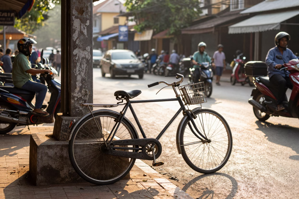 Busy Phnom Penh Street Morning with Vintage Bicycle and Traditional Calligraphy Demonstration in in Phnom Penh, Cambodia