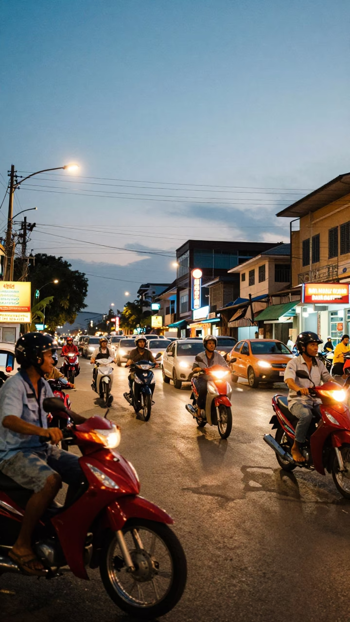 Busy Phnom Penh Street Scene at Blue Hour with Motorcycle Traffic and Neon Signs in in Phnom Penh, Cambodia