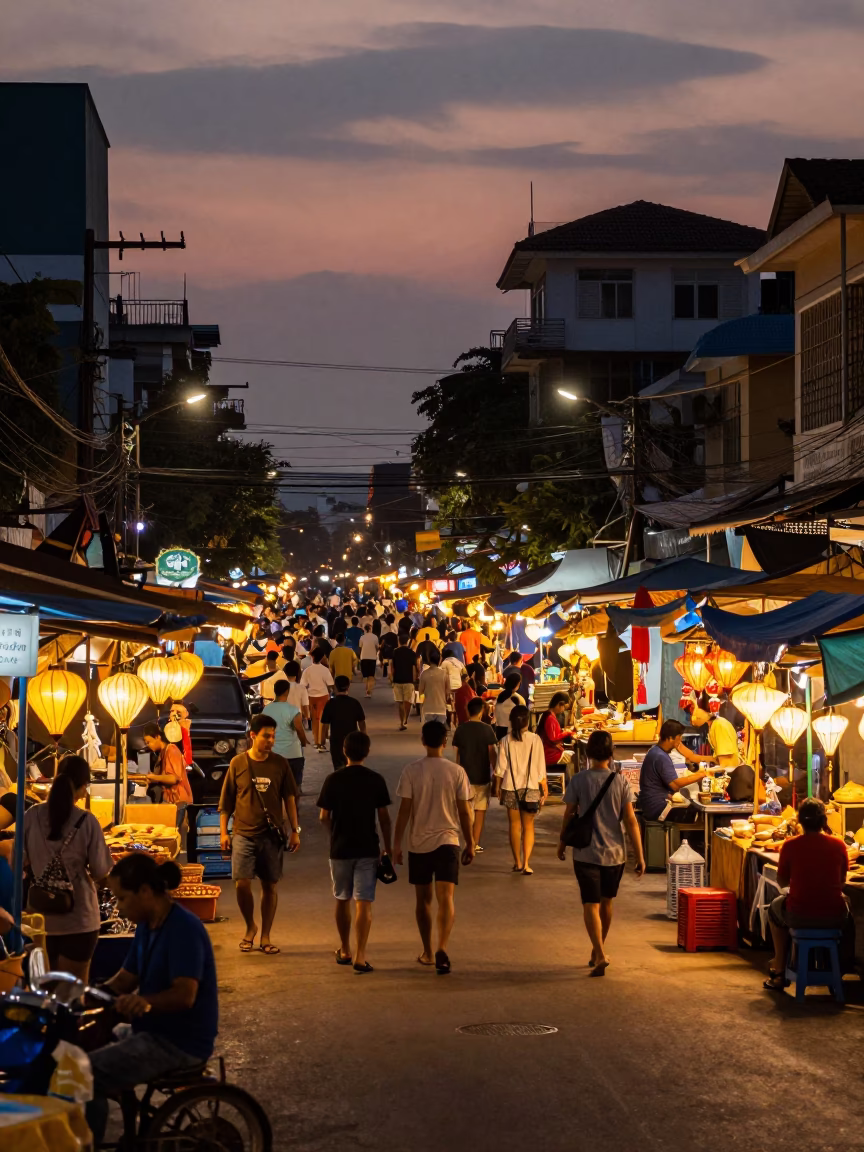 Busy Phnom Penh Street Scene at Dusk with Lanterns and Local Commerce in in Phnom Penh, Cambodia