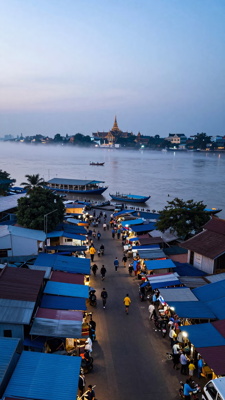 Busy Phnom Penh Street Scene at Nautical Dawn with Local Market Activity in in Phnom Penh, Cambodia