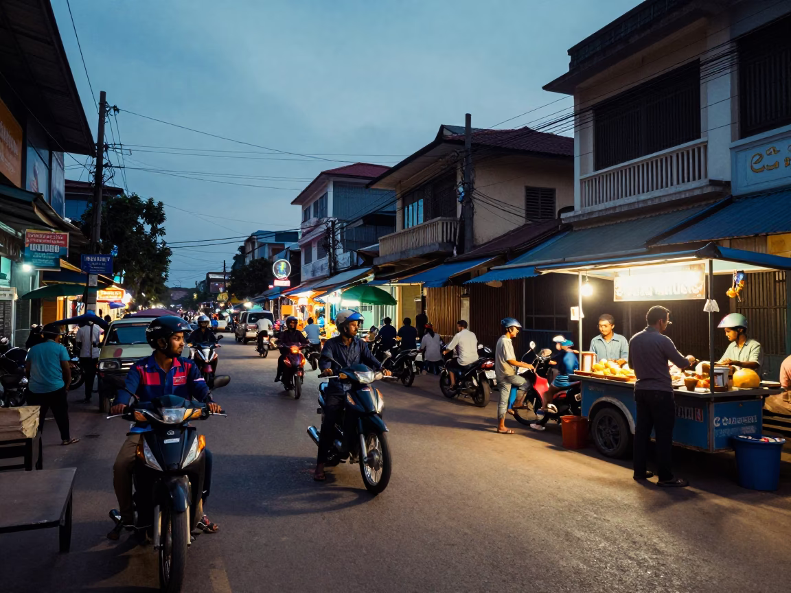 Busy Phnom Penh street scene at nautical dawn with local vendors and traffic in in Phnom Penh, Cambodia