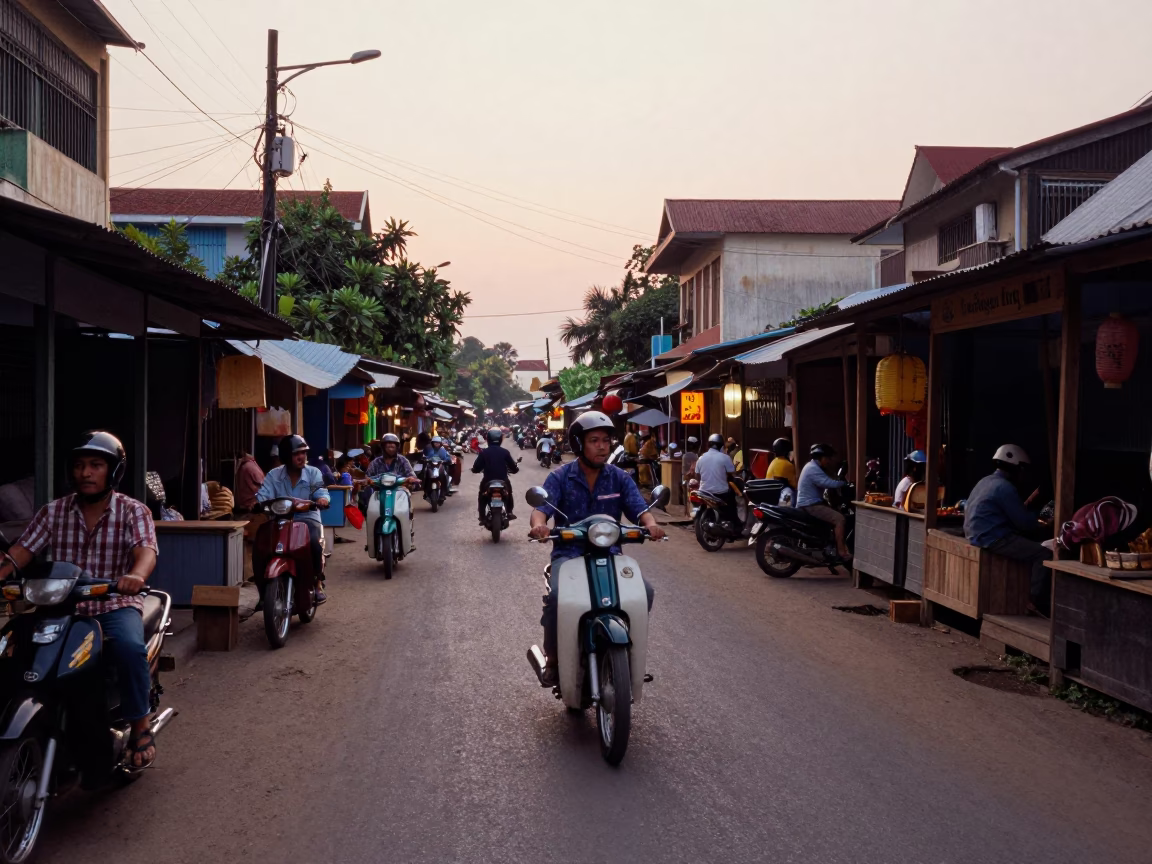Busy Phnom Penh Street Scene at Nautical Dawn with Vintage Motorbike and Market Stalls in in Phnom Penh, Cambodia