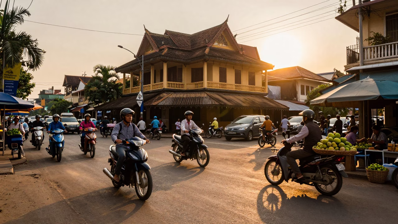 Busy Phnom Penh street scene at sunset with motorbikes and local vendors in in Phnom Penh, Cambodia