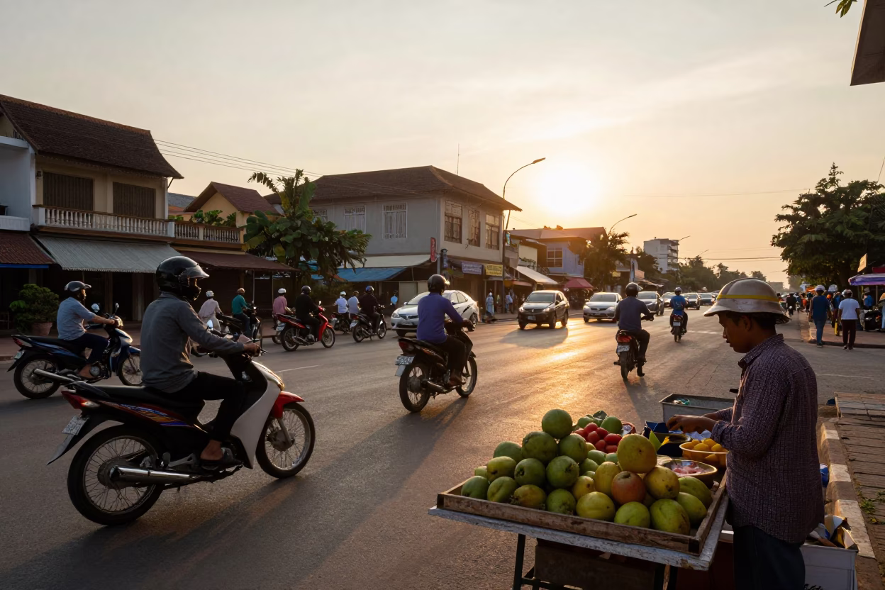 Busy Phnom Penh Street Scene at Sunset with Motorcycles and Wooden Trays in in Phnom Penh, Cambodia