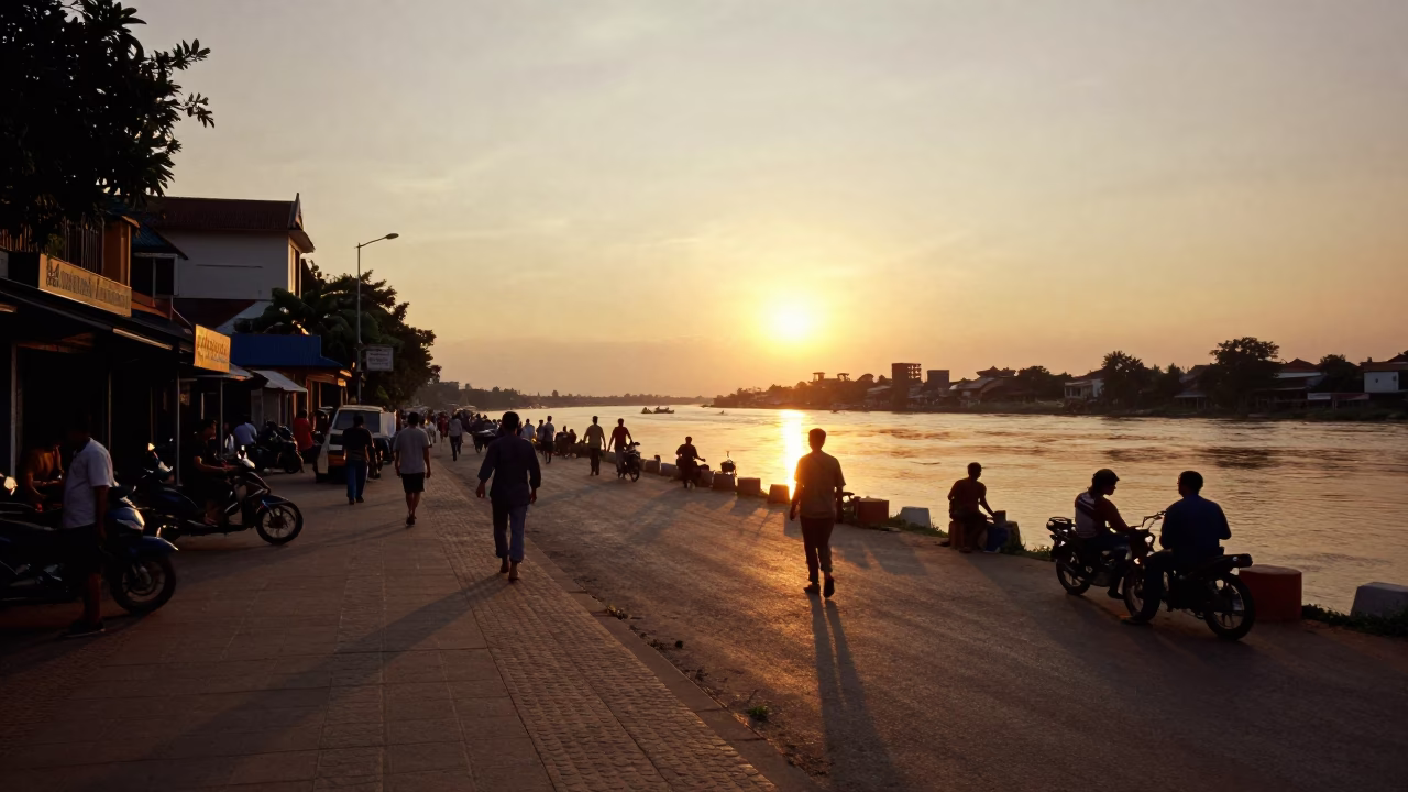 Busy Phnom Penh Street Scene at Sunset with Muddy River and Local Food Vendor in in Phnom Penh, Cambodia