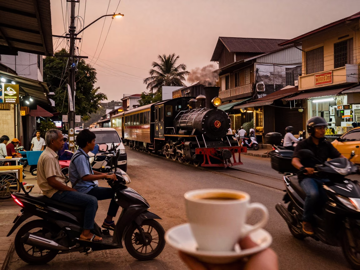 Busy Phnom Penh Street Scene Before Dusk with Coffee Cupper and Local Activity in in Phnom Penh, Cambodia