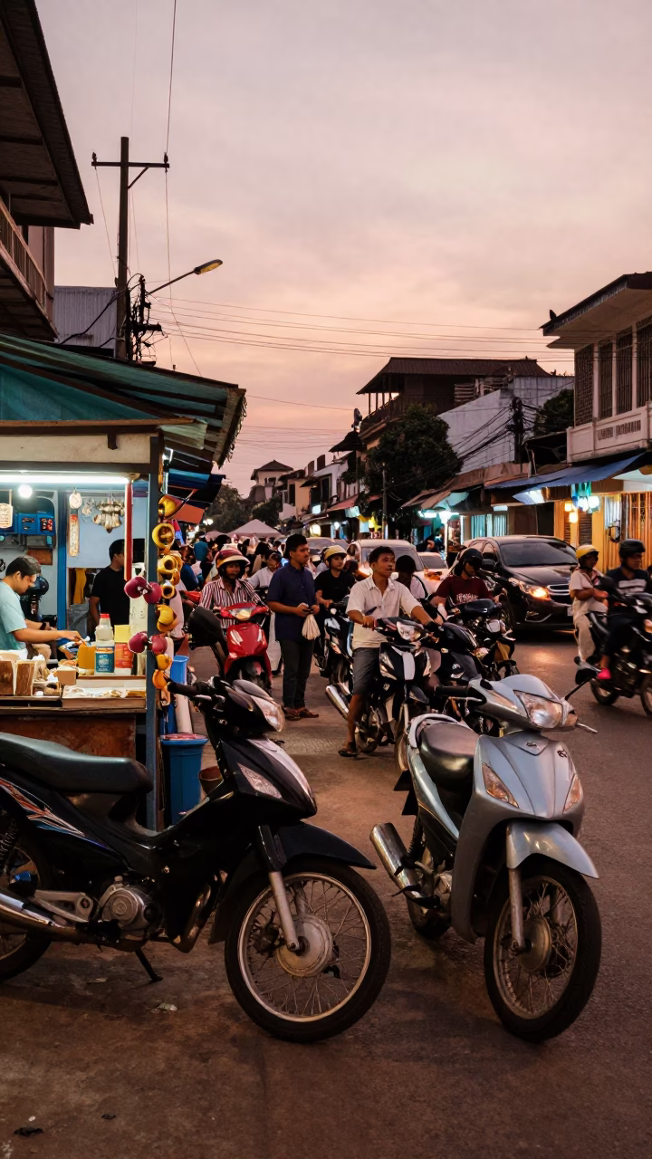 Busy Phnom Penh Street Scene Before Dusk with Motorcycles and Local Life in in Phnom Penh, Cambodia