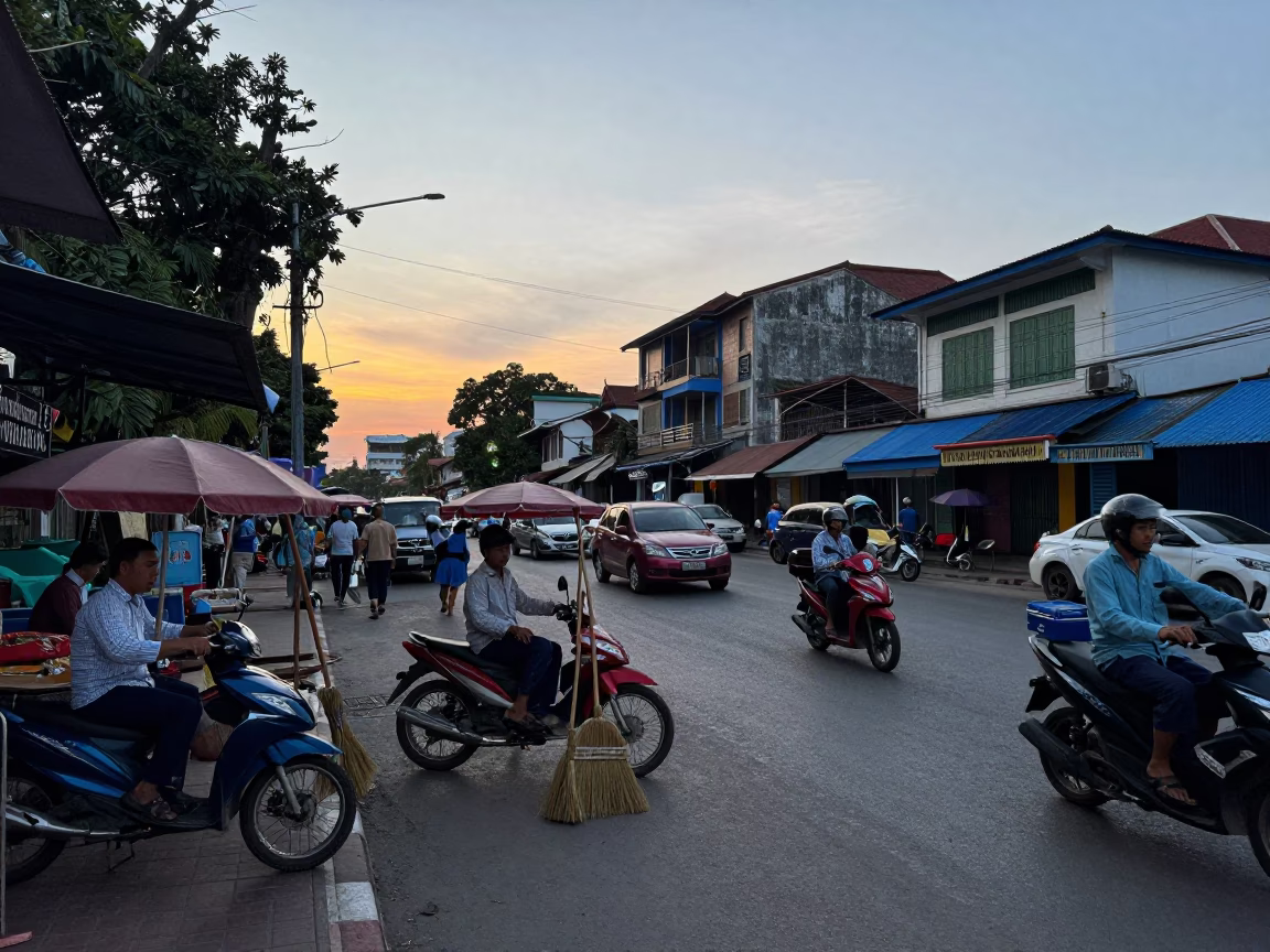 Busy Phnom Penh Street Scene Before Sunrise with Brooms and Local Activity in in Phnom Penh, Cambodia