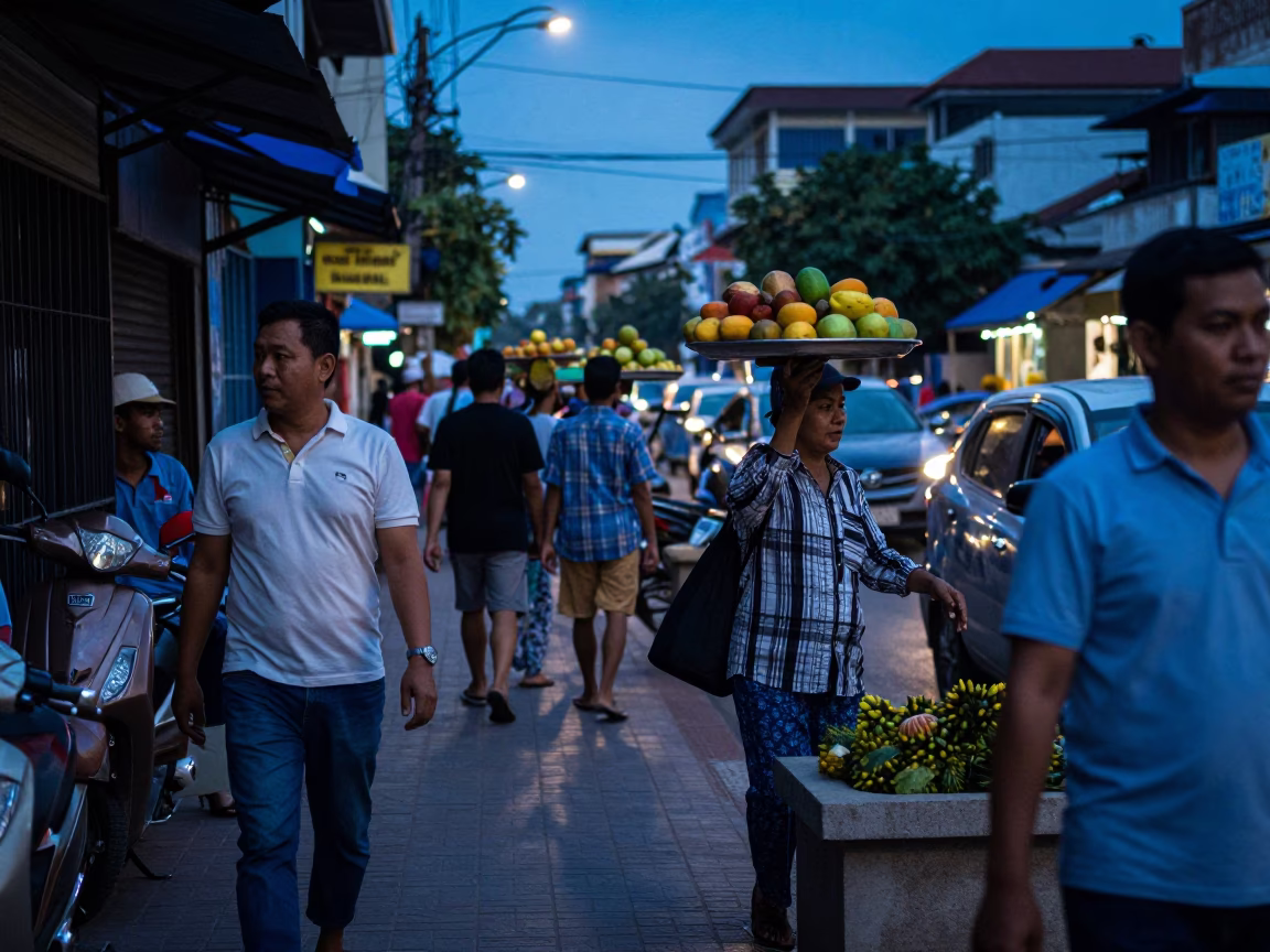 Busy Phnom Penh Street Scene During Last Blue Light Evening in Cambodia in in Phnom Penh, Cambodia
