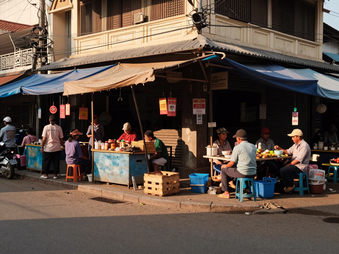 Busy Phnom Penh Street Scene Early Afternoon with Local Market Activity in in Phnom Penh, Cambodia